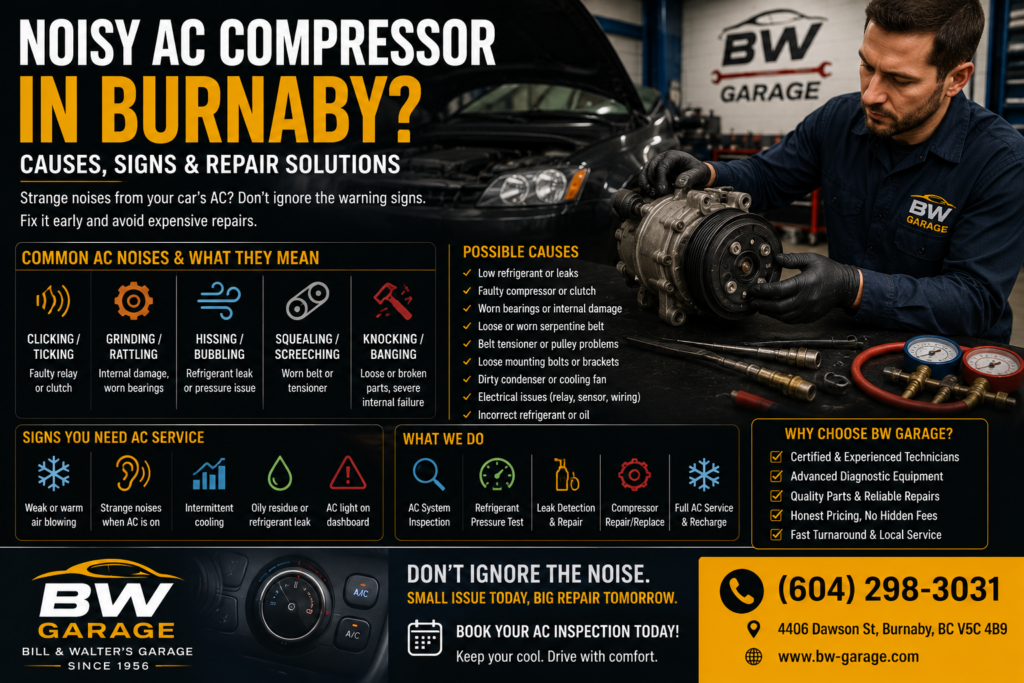 Noisy AC Compressor Burnaby with a technician inspecting the compressor, clutch, serpentine belt and refrigerant system