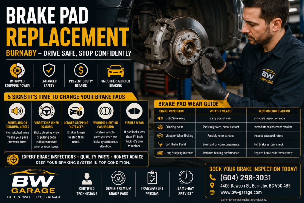 Brake Pad Replacement Burnaby with a technician inspecting worn brake pads, rotors and calipers