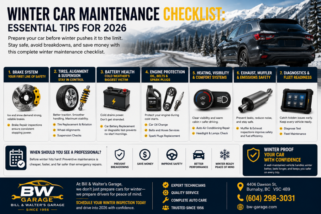 Winter Car Maintenance Checklist showing brake inspection, winter tires, battery check, engine maintenance and vehicle diagnostics at Bill & Walter's Garage in Burnaby.