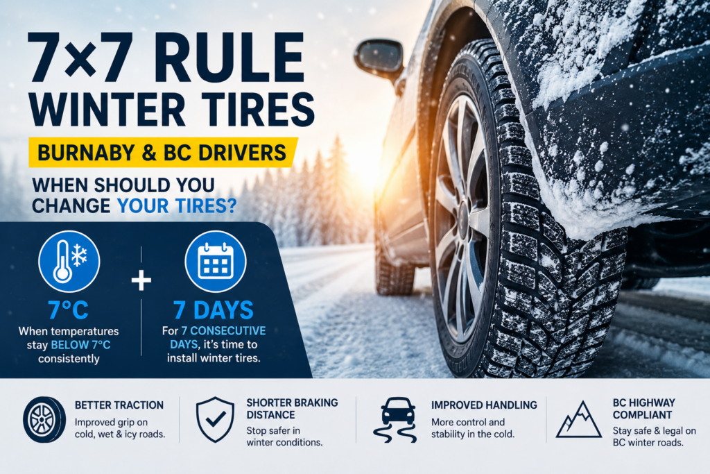 7x7 Rule Winter Tires Burnaby infographic showing when to install winter tires below 7°C for seven consecutive days.