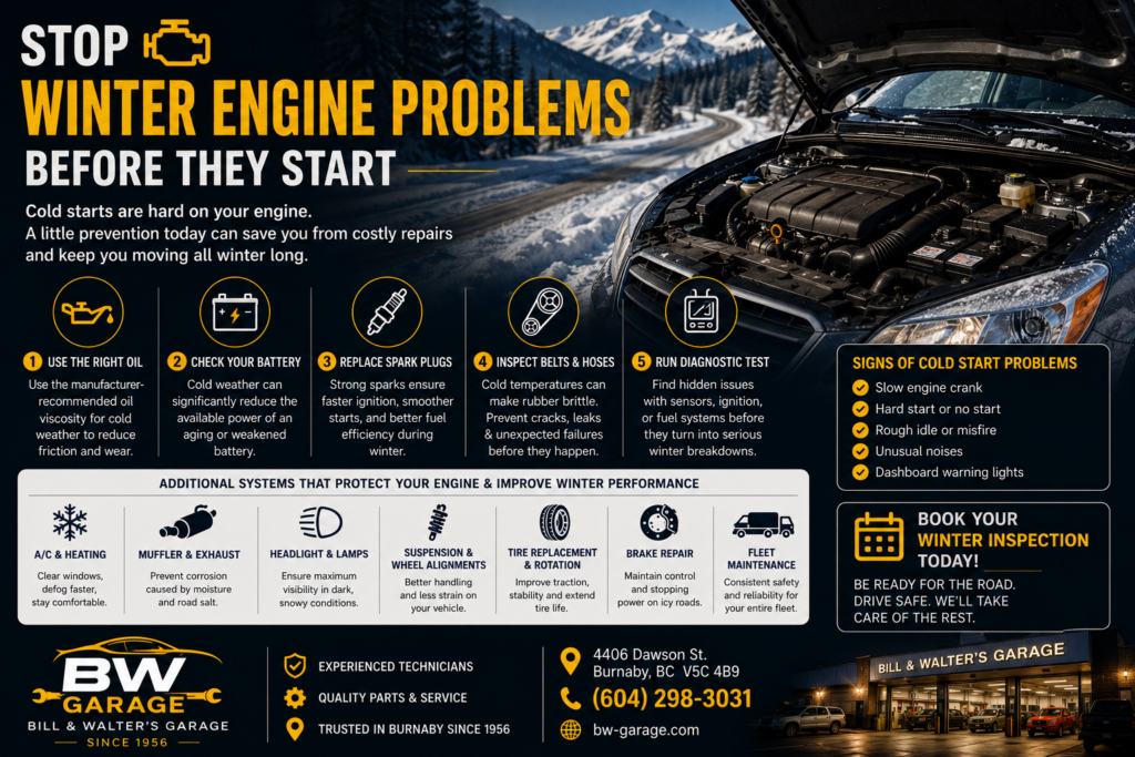 Winter engine problems and cold start inspection at Bill and Walter's Garage in Burnaby