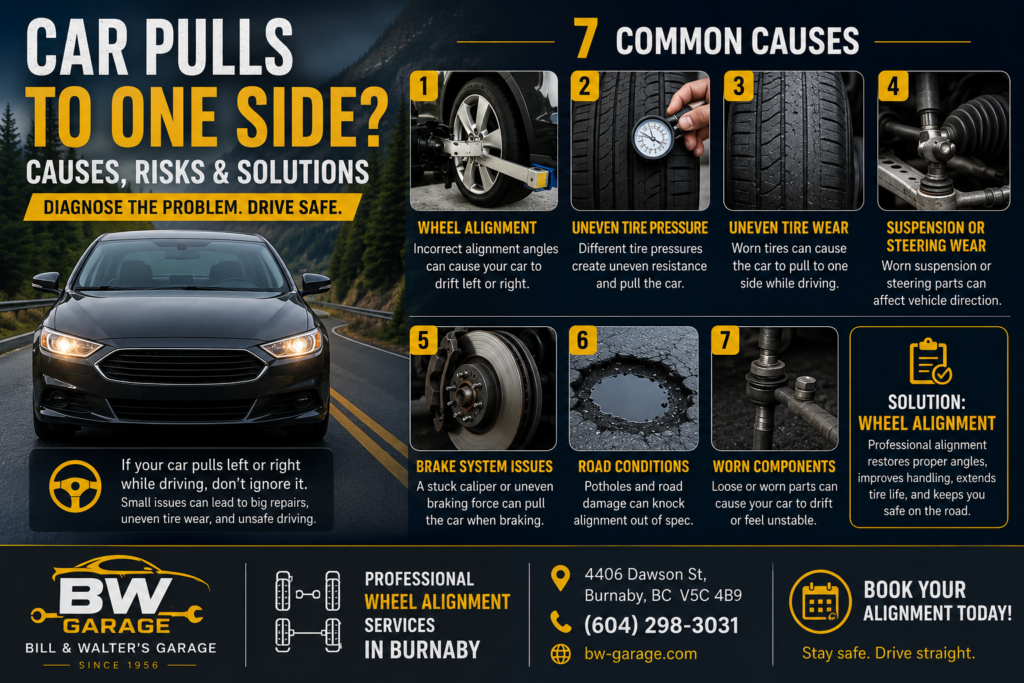 Car Pulls to One Side Burnaby caused by wheel alignment, tire pressure, suspension and steering problems.