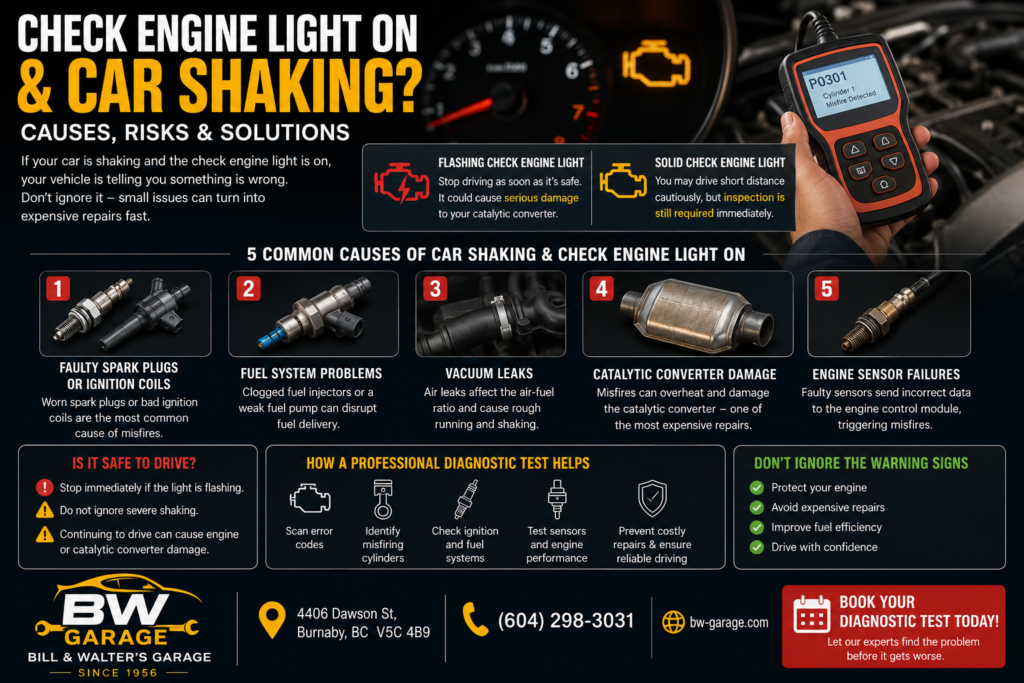 Check Engine Light On Car Shaking infographic showing engine misfire, faulty spark plugs, ignition coils, fuel system problems, vacuum leaks, catalytic converter damage, and engine diagnostics at Bill & Walter's Garage in Burnaby.