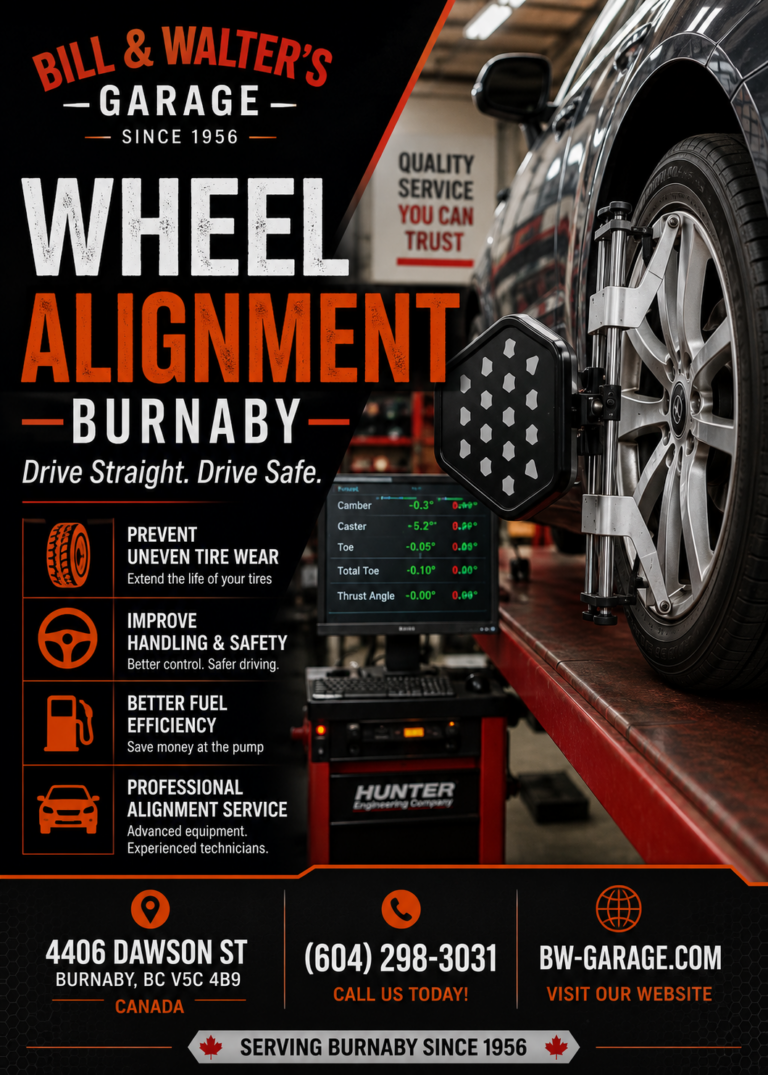 Wheel Alignment Burnaby service at Bill & Walter's Garage using Hunter wheel alignment equipment.