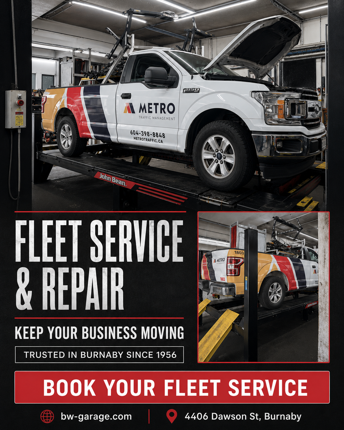 Ford F-150 commercial work truck on a service lift at Bill & Walter’s Garage in Burnaby, with Fleet Service and Repair promotional text.