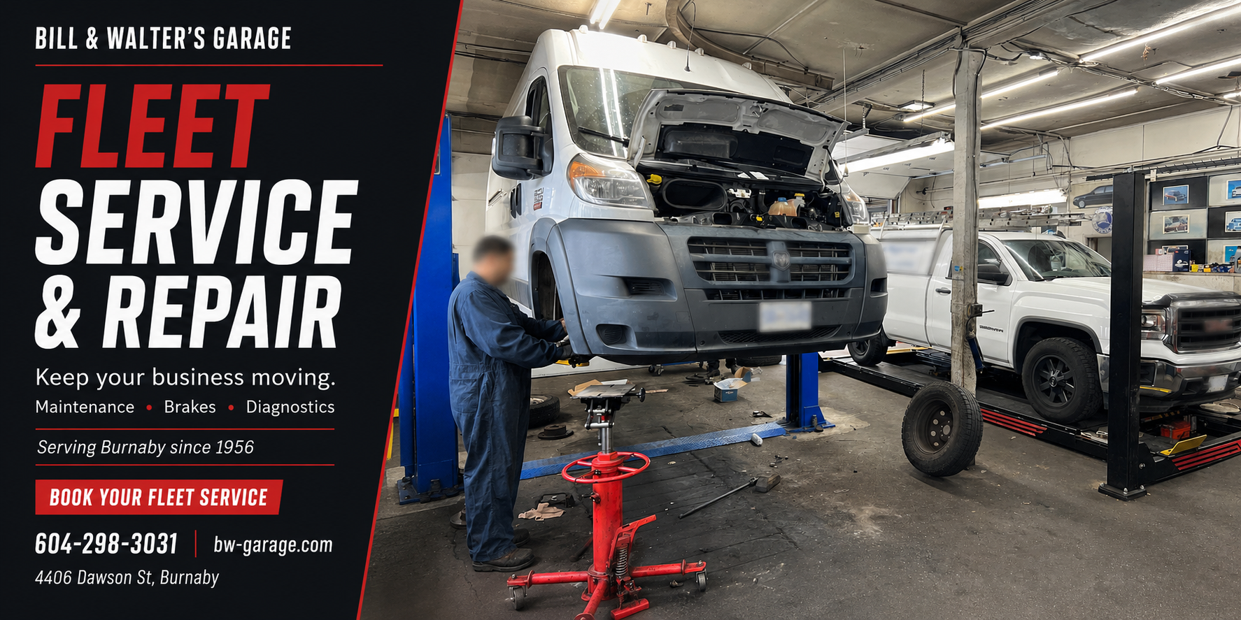 Fleet service and repair at Bill & Walter’s Garage in Burnaby, showing a RAM ProMaster van and GMC pickup in the workshop with faces and licence plates blurred.