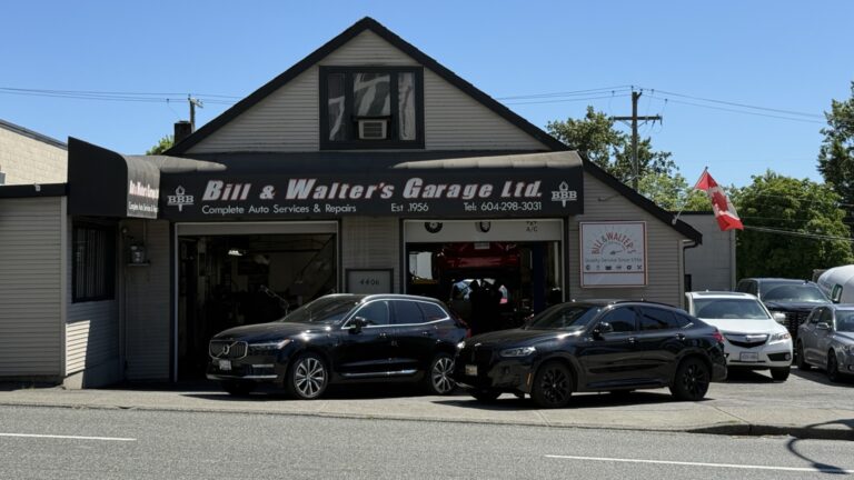 Front view of Bill & Walter’s Garage and service bays in Burnaby