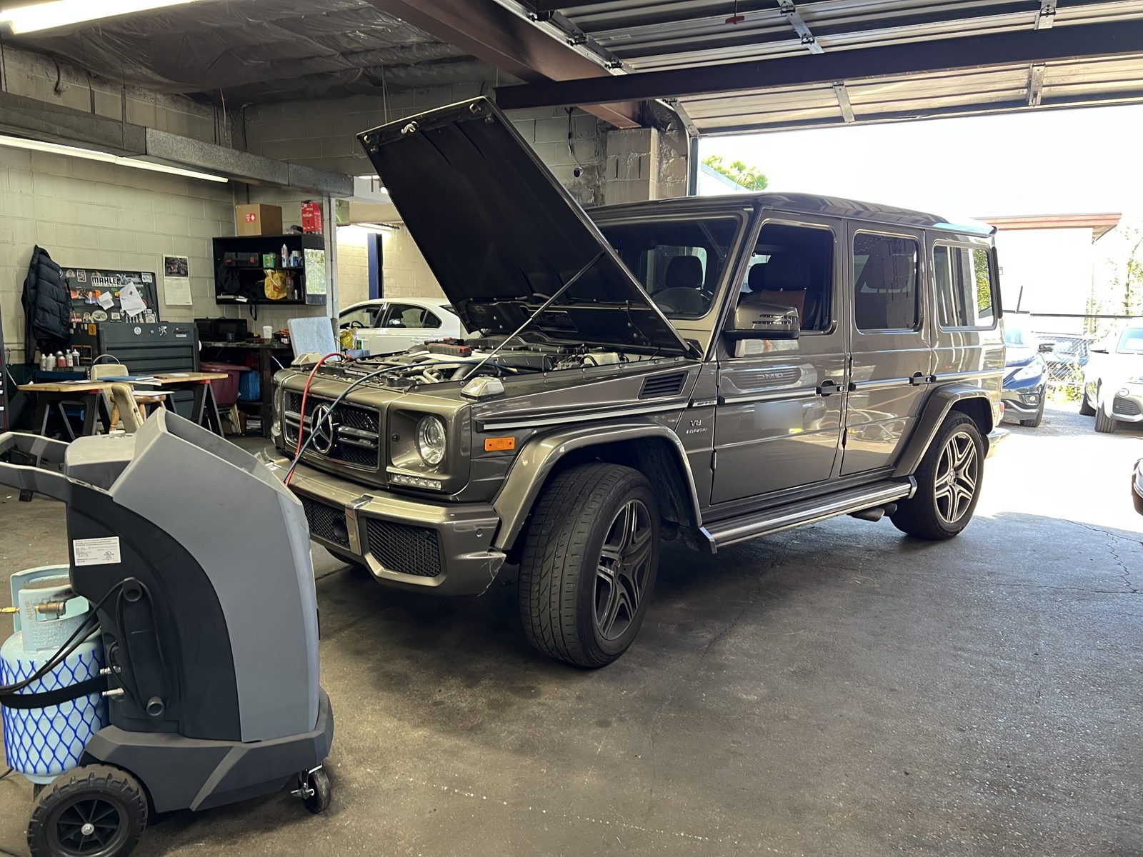 Mercedes-AMG G63 connected to an A/C service machine at Bill & Walter's Garage in Burnaby